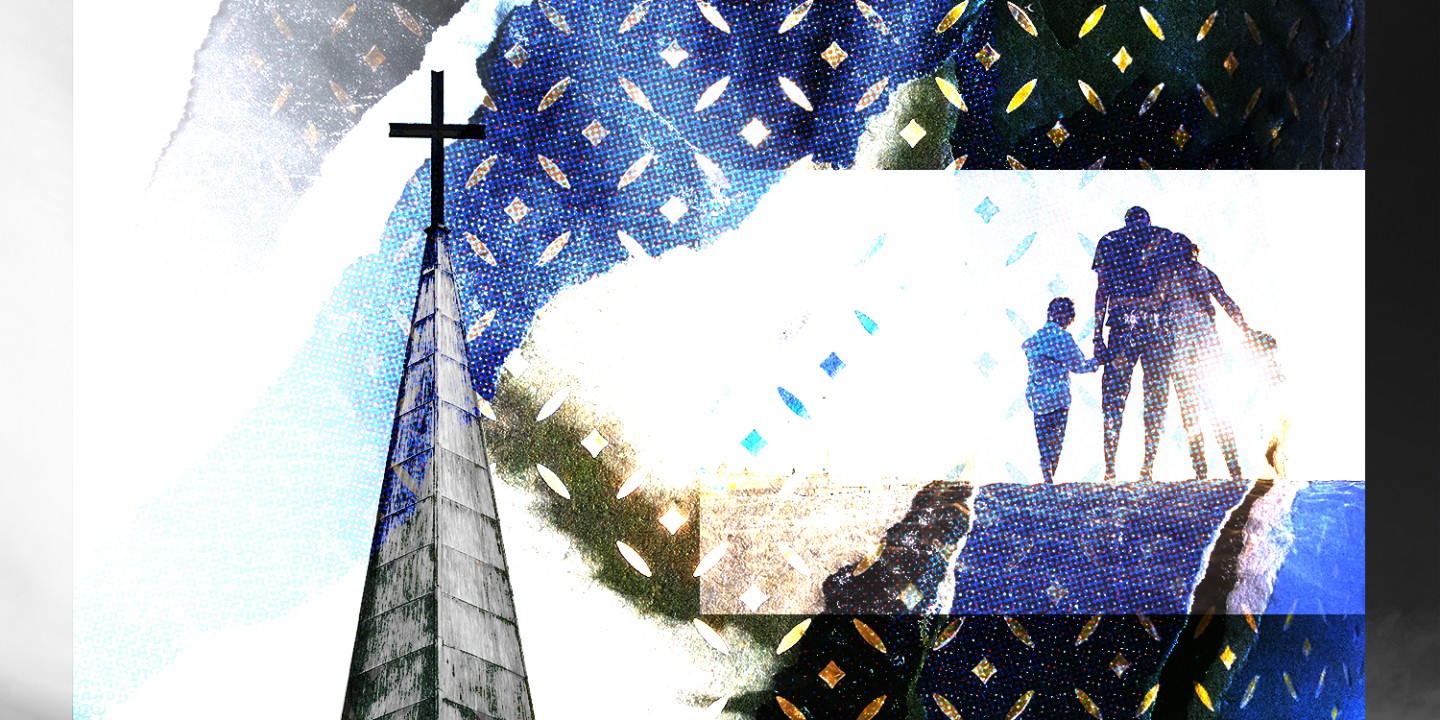 abstract of church steeple and family holding hands in blue