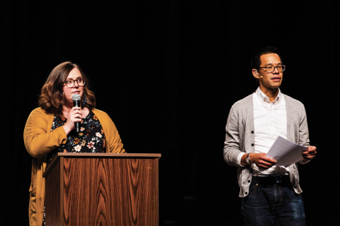 Sarah Bessey and Jeff Chu on a stage