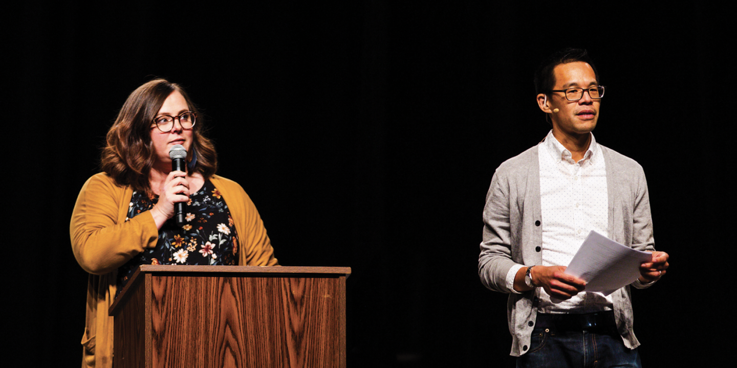 Sarah Bessey and Jeff Chu on a stage